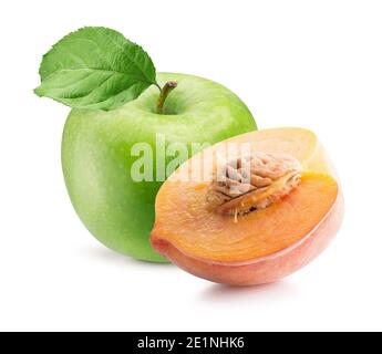 green apple with leaf and half of peach isolated on a white background. Stock Photo