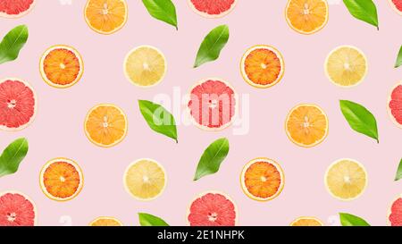 seamless pattern with citrus and leaves on a light blue background. Stock Photo