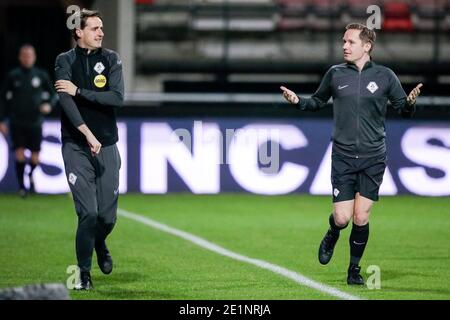 NIJMEGEN, NETHERLANDS - JANUARY 8: (L-R): Assistant Referee Erik Koopman, Referee Ingmar Oostrom during the Dutch Keukenkampioendivisie match between Stock Photo