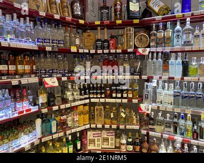 Poland, Toruń, 26 December 2020. Alcohol store with a wide selection of Polish types of alcohol. Beside foreign brands Stock Photo