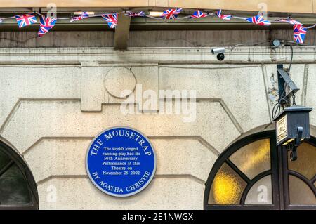 A blue plaque commemorates the 50th aaniversary performance of The Mousetrap by Agatha Christie at St Martin's Theatre in London's West End. Stock Photo