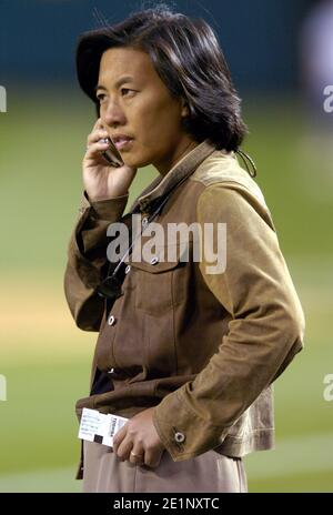 Los Angeles Dodgers vice president and assistant general manager Kim Ng watches batting practice before game against the Angels at Angel Stadium in An Stock Photo