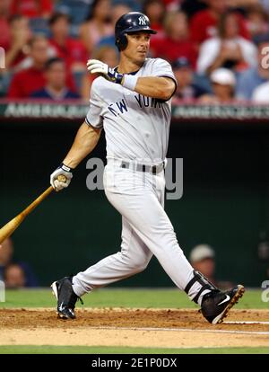 Tino Martinez of the New York Yankees bats during 8-6 loss to the Los Angeles Angels of Anaheim at Angel Stadium in Anaheim, Calif. on Saturday, July Stock Photo