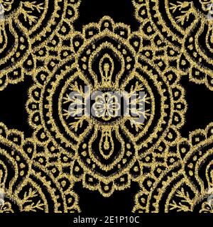 Seamless gold glitter ethnic rug motif pattern. Stock Photo