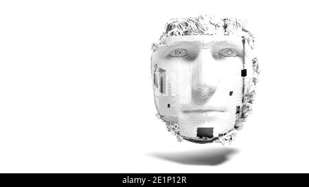 AI face made of blocks looking at you from a background with copy space. 3D Rendering Stock Photo