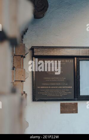 London, UK - November 19, 2020: Information board outside The Temple Church, a Royal peculiar church in the City of London located between Fleet Stree Stock Photo