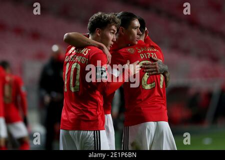 Lisbon, Portugal. 8th Jan, 2021. Luca Waldschmidt of SL Benfica (L) celebrates with teammates after scoring during the Portuguese League football match between SL Benfica and CD Tondela at the Luz stadium in Lisbon, Portugal on January 8, 2021. Credit: Pedro Fiuza/ZUMA Wire/Alamy Live News Stock Photo