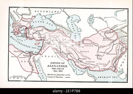 This map shows the in Empire of Alexander the Great  BC 323.  The legend is: Marches of Alexander - solid black line; Marches of Nearchus- broken black line Stock Photo