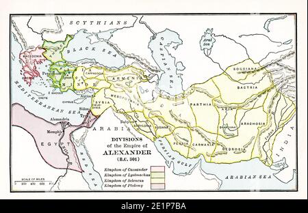 Map of the Divisions of the Empire of Alexander in BC 301.  The legend reads: Pink: Kingdom of Cassander; Green: Kingdom of Lysimachus; Yellow: Kingdom of Seleucus; Purple: Kingdom of Ptolemy. Alexander the Great fell ill in Babylon on his return to Greece and Macedonia. The year was 323 B.C. This map shows the divisions of Alexander’s empire among the diadochoi (successors)  at the time of his death. Stock Photo