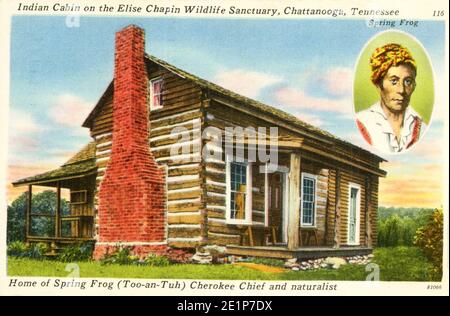 Indian Cabin on the Elise Chapin Wildlife Sanctuary, Chattanooga, Tennessee - Home of Spring Frog (Too-an-Tuh) Cherokee Chief and Naturalist. The cabin was built by Indians about the year 1748. It was the old home of Spring Frog, Cherokee naturalist and sportsman. He was born in 1754. It is claimed to be the only cabin left in Tennessee built by Indians and stands on the Elise Chapin Wildlife Sanctuary, operated by the Chattanooga Audubon Society. It may be reached by Atlanta Highway U.S.41, or the east Brainerd Road Stock Photo