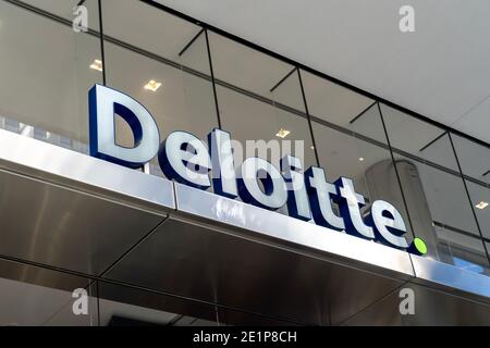 Close up of Deloitte sign on their national head office building in Toronto Stock Photo