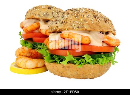 Tiger prawn and salad sandwich rolls with Marie Rose sauce isolated on a white background Stock Photo