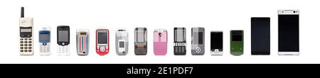 Old mobile phones from past to present on white background. Stock Photo