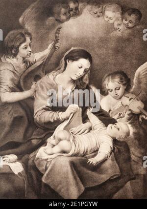 SEBECHLEBY, SLOVAKIA - SEPTEMBER 24, 2011: The old print Madonna with the chlild originaly by Murillo. Stock Photo