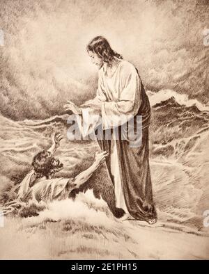 SEBECHLEBY, SLOVAKIA - SEPTEMBER 24, 2011: The lithography of Miracle fishing originaly by unknown artist. Stock Photo