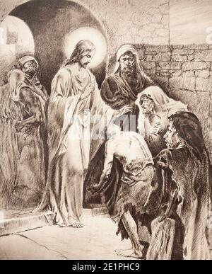SEBECHLEBY, SLOVAKIA - SEPTEMBER 24, 2011: The lithography of Healed Jesus originaly by unknown artist. Stock Photo