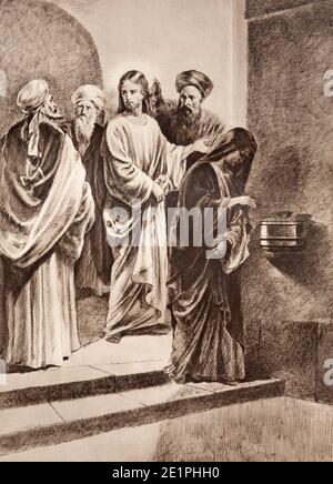 SEBECHLEBY, SLOVAKIA - SEPTEMBER 24, 2011: The lithography of Jesus observes widow's mite originaly by unknown artist. Stock Photo