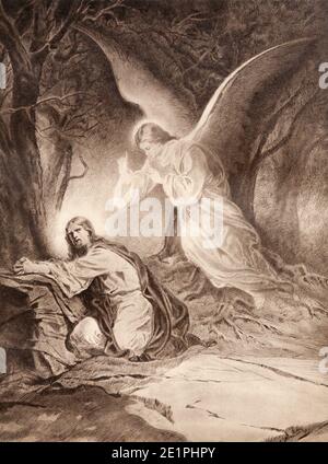 SEBECHLEBY, SLOVAKIA - SEPTEMBER 24, 2011: The lithography of Jesus prayer in the Gethsemane garden originaly by unknown artist. Stock Photo