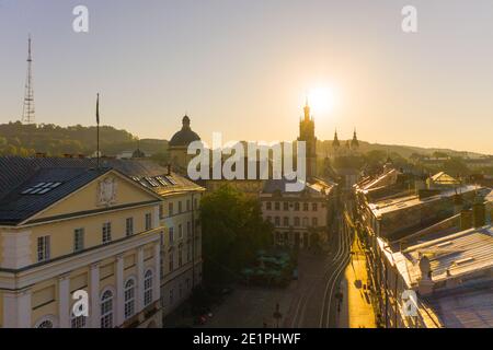 Lviv, Ukraine - 2020: Aerial view on Market square, Dormition, Dominican and Carmelite Church in Lviv, Ukraine from drone Stock Photo