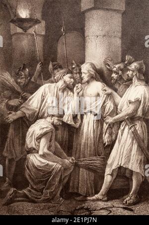 SEBECHLEBY, SLOVAKIA - SEPTEMBER 24, 2011: The lithography torture of Jesus originaly by unknown artist. Stock Photo