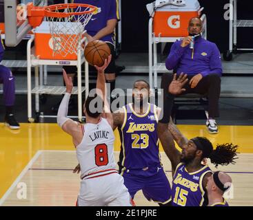 Los Angeles, United States. 08th Jan, 2021. Chicago Bulls' Zach Lavine scores over Los Angeles' LeBron James during the first quarter at Staples Center in Los Angeles on Friday, January 8, 2021. The Lakers defeated the Bulls 117-115. Photo by Jim Ruymen/UPI Credit: UPI/Alamy Live News Stock Photo