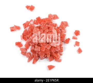 Candied red fruit. Candied papaya path isolated on white background. Stock Photo