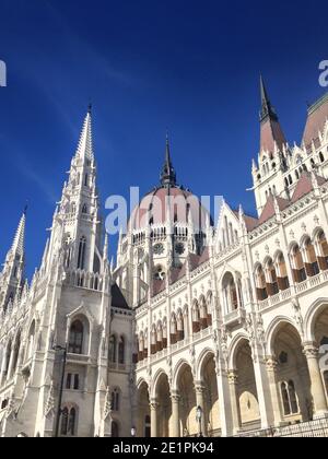 Building of Hungarian Parliament. Low angle view. Budapest, Hungary Stock Photo