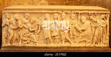 PALERMO, ITALY - APRIL 8, 2013 : Relief from one of the medieval tombs under cathedral. Stock Photo