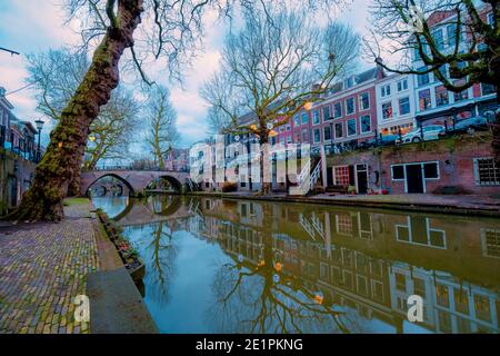Utrecht canals old historical city at night in the evening, Utrecht Netherlands. Holland Stock Photo