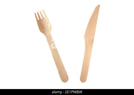 Wooden Fork and Knife on White Background Stock Photo