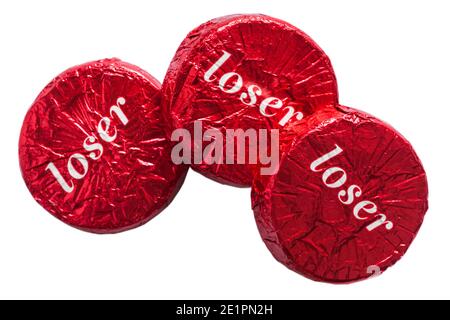 loser chocolates from M&S Hum that Tune game and chocolates pack isolated on white background - foiled solid milk chocolates