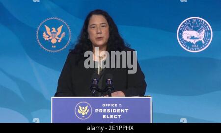 United States Small Business Administrator-designate Isabel Guzman makes remarks after being introduced by US President-elect Joe Biden following his remarks introducing “key members of his economic and jobs team” from the Queen Theatre in Wilmington, DE, USA, on Friday, January 8, 2021. Photo by Biden Transition TV via CNP/ABACAPRESS.COM Stock Photo