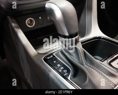 Power shift gear inside car interior. Automatic gear stick Stock Photo