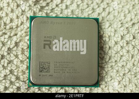 Moscow, Russia - 5 December 2020: AMD Ryzen processor, CPU chip close-up, Illustrative Editorial. Stock Photo