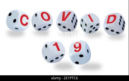 White dices with black eyes numbers spelling COVID 19 in red letters. Pandemic oronavirus concept as a game of dice. Image isolated on white backgroun Stock Photo
