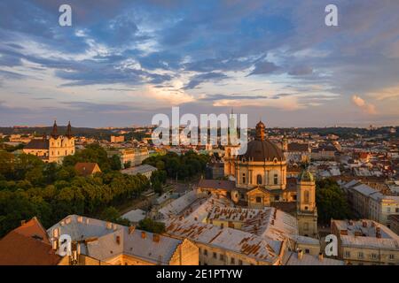 Lviv, Ukraine - 2020: Aerial view on Market square, Dormition, Dominican and Carmelite Church in Lviv, Ukraine from drone Stock Photo