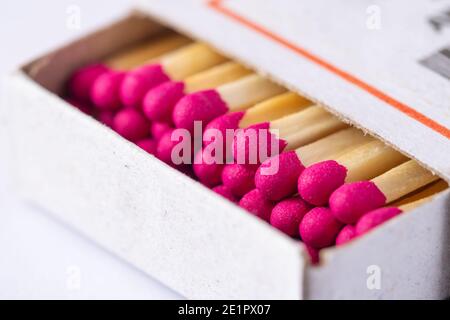 Wooden brown matches in a box close up. Match sticks Stock Photo