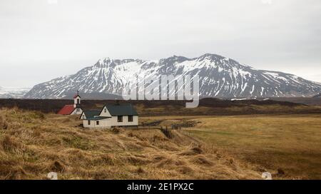 Panorama view of historical traditional green grass Keldur Turf House sod nature farm museum Hella in South Iceland Stock Photo