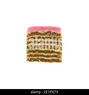 Small piece of meny layers cake with cream and strawberry frosting. Pink  decoration on the top. White background