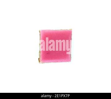 Small piece of meny layers cake with cream and strawberry frosting. Pink decoration on the top. White background Small piece of meny layers cake with cream and strawberry frosting. Pink decoration on the top. White background
