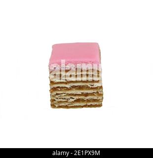 Small piece of meny layers cake with cream and strawberry frosting. Pink  decoration on the top. White background