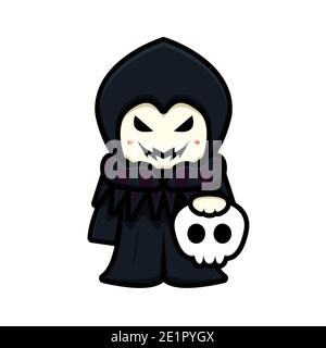 cute witch mascot character holding skull cartoon vector icon illustration. Design isolated on white. Flat cartoon style. Stock Photo