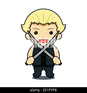 Cute boy martial art mascot character holding two sword vector cartoon icon illustration. Design isolated on white. Flat cartoon style. Stock Photo
