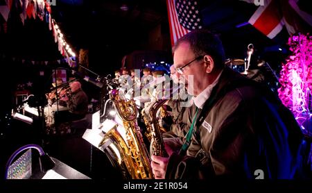 Swingshift Big Band - a Glenn Miller tribute band entertaining guests at a fancy dress 1940s party in East Sussex UK Stock Photo