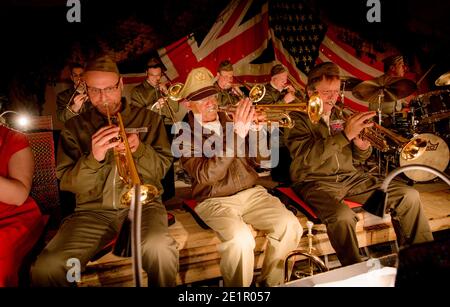 Swingshift Big Band - a Glenn Miller tribute band entertaining guests at a fancy dress 1940s party in East Sussex UK Stock Photo