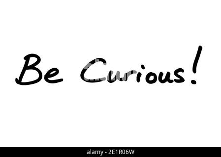 Be Curious! handwritten on a white background. Stock Photo