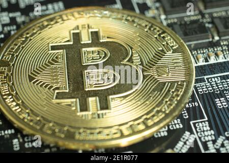 Bitcoin macro close-up. Cryptocurrency business and technology. Blockchain illustration. Stock Photo