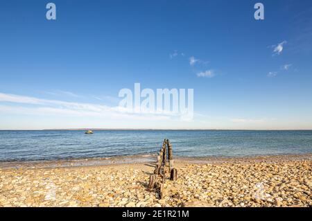 Old pilings on a rocky beach with old retaining wall in East Hampton, NY Stock Photo
