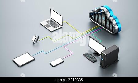 Smart devices connected to the cloud shaped servers. Cloud computing diagram. 3D illustration. Stock Photo