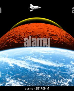 Spaceship flying into outer space in orbit of planet. Space explorer. Space tourism. Mixed media Stock Photo